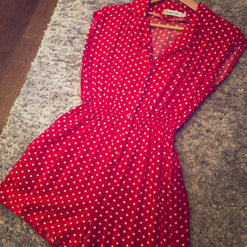 Red and white polka dot romper